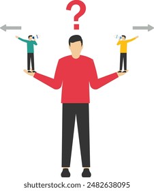 Dilema o conflicto moral, problema de decisión o pregunta, elección de opciones, desacuerdo o argumento para la dirección del negocio, concepto alternativo o de solución, empresario confundido que elige una dirección.