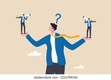 Dilemma or moral conflict, disagreement or argument for business direction, decision problem or question, choosing choice, alternative or solution concept, confused businessman choosing directions.