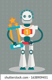   Dilemma of robotics. The robot has a gold medal and a race cup