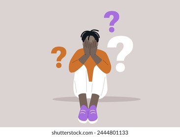 Dilemma of Uncertainty, A Person Surrounded by Questions, a character sits overwhelmed with hands covering their face, flanked by floating question marks