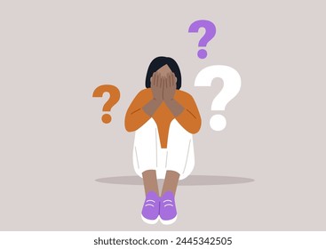 Dilemma of Uncertainty, A Person Surrounded by Questions, a character sits overwhelmed with hands covering their face, flanked by floating question marks