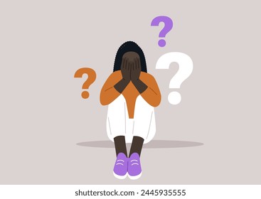 Dilemma of Uncertainty, A Person Surrounded by Questions, a character sits overwhelmed with hands covering their face, flanked by floating question marks