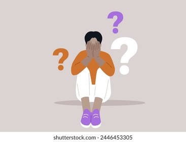 Dilemma of Uncertainty, A Person Surrounded by Questions, a character sits overwhelmed with hands covering their face, flanked by floating question marks