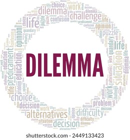Diseño conceptual de nube de palabras de dilema aislado sobre fondo blanco.