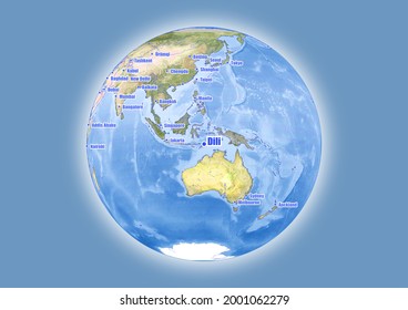 Dili-East Timor is shown on vector globe map. The map shows Dili-East Timor 's location in the world.