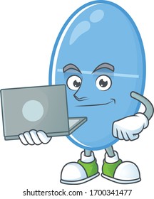 Estilo de diseño de mascota azul Diligent que trabaja desde casa con portátil