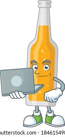 Diligent bottle of beer cartoon drawing concept working from home with laptop. Vector illustration