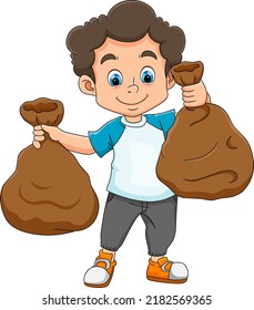 The diligent boy is holding two big sack of trash of illustration
