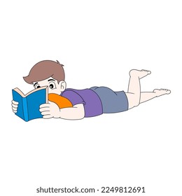 Diligent boy is lying on his stomach reading a life story book. vector design illustration art