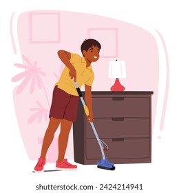 Diligent Boy Passionately Vacuums, and Listens Lively Music. Harmony In Household Tasks And Melodies Creates An Energetic Rhythm, Transforming Chores Into An Enjoyable Experience. Vector Illustration