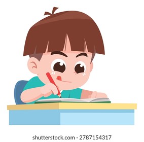 Diligent Child Studying and Writing in Classroom Cartoon Illustration