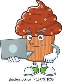 Diligent chocolate cupcake mascot design style working from home with laptop