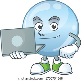 Diligent collagen droplets mascot design style working from home with laptop