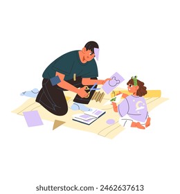 Diligent dad helps his kid making childish craft. Daddy cuts out of paper for cute little girl. Father and daughter spend time together indoors. Flat isolated vector illustration on white background