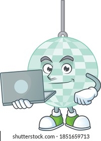 Diligent disco ball cartoon drawing concept working from home with laptop. Vector illustration