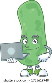 Diligent enterobacteriaceae mascot design style working from home with laptop. Vector illustration