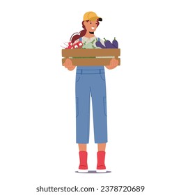 Diligent Farmer Female Character Proudly Holding A Wooden Crate Brimming With The Seasonal Bounty, Freshly Harvested Vegetables, Testament To Hard Work and Harvest. Cartoon People Vector Illustration