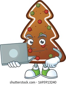 Diligent gingerbread tree mascot design style working from home with laptop