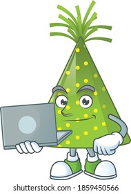 Diligent green party hat cartoon drawing concept working from home with laptop. Vector illustration