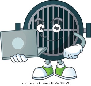 Diligent grill cartoon drawing concept working from home with laptop. Vector illustration