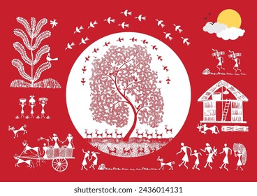 In: The Diligent Hands of the Village: A Vibrant Warli Celebration of Rural Work. In: Seeds of Prosperity: A Serene Warli Illustration of Pflanzing and Hope. Warli Kunst, Landleben, Arbeit.