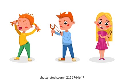 Diligent and mischievous children set cartoon vector illustration