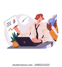 Diligent office worker tries to retain attention, concentration on many tasks. Busy employee works in multitasking. Time management, deadline concept. Flat isolated vector illustration on white