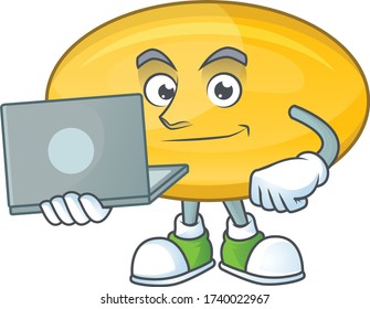 Diligent oil capsule mascot design style working from home with laptop