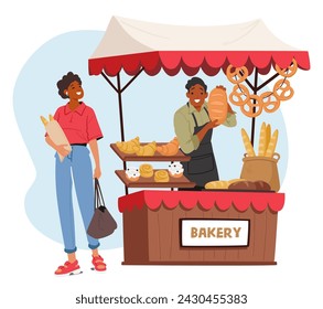 Diligent Salesman Character, Adorned In Apron, Proudly Presents Fresh Bread Loaves At His Vibrant Bakery Stall, Enticing Customers With Warm Aroma Of Baked Goodness. Cartoon People Vector Illustration