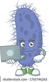 Diligent salmonella typhi mascot design style working from home with laptop. Vector illustration