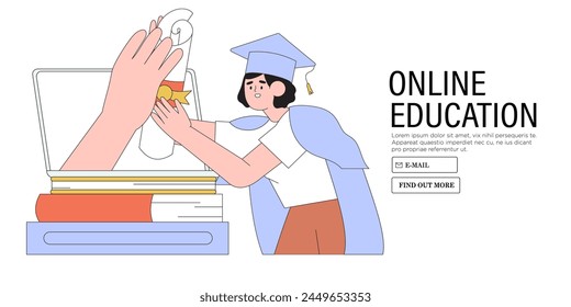 Diligent smiling student learn online in university or courses. Graduate character with gown and hat recieve diploma and new profession skills. Self-development, webinar or learning online concept.