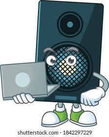 Diligent sound system cartoon drawing concept working from home with laptop. Vector illustration