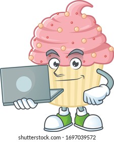 Diligent strawberry cupcake mascot design style working from home with laptop