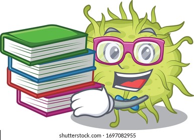 Estudiante diligente en el concepto de diseño de mascotas de bacteria coccus con libros