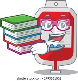 Un estudiante diligente en el concepto de diseño de mascotas con bolsas de plástico de sangre leyó muchos libros