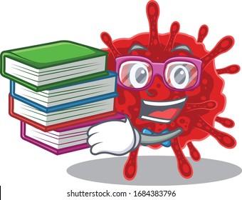 Ein fleißiger Schüler, der das Buldecovirus-Maskottdesign mit Buch gestaltet