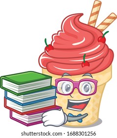 A diligent student in cherry ice cream mascot design with book