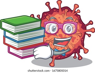 Ein fleißiger Student an der Konzeption des ansteckenden Corona-Virus-Maskottchens mit Buch