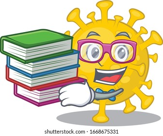 Estudiante diligente en el diseño de mascotas para diagnóstico de virus corona con libro
