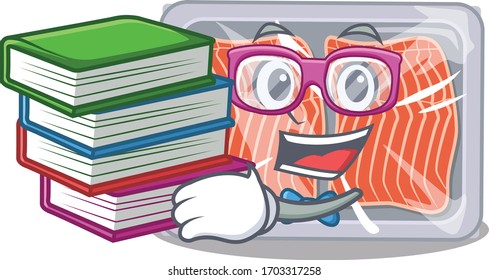 A diligent student in frozen salmon mascot design concept with books