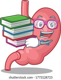 Ein fleißiger Student an einem Konzept für menschliches Magenmaskottdesign mit Büchern