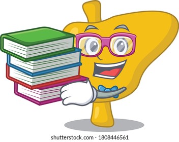 Estudiante diligente en el concepto de diseño de mascotas hepáticas leyendo muchos libros