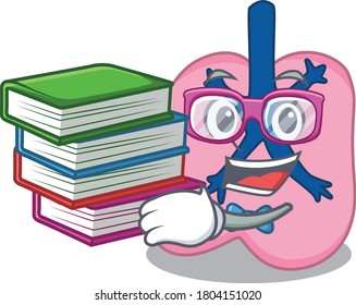A diligent student lung mascot design concept reading many books