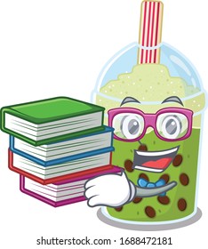 A diligent student in matcha bubble tea mascot design with book