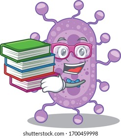 Ein fleißiger Student an einem Konzept für das Design von Mycobacterium-Maskottchen mit Büchern