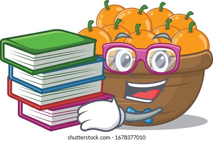 A diligent student in orange fruit basket mascot design with book