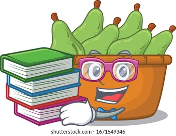 A diligent student in pear fruit box mascot design with book