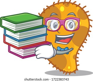 Estudiante diligente en el concepto de diseño mascota pseudomonas con libros