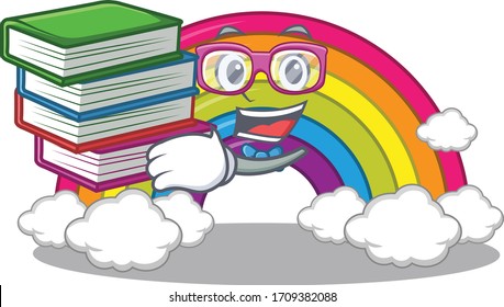 A diligent student in rainbow mascot design concept with books
