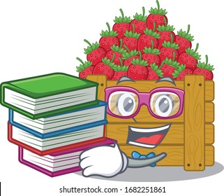 Estudiante diligente en el diseño de mascota de la fruta de fresa con libro